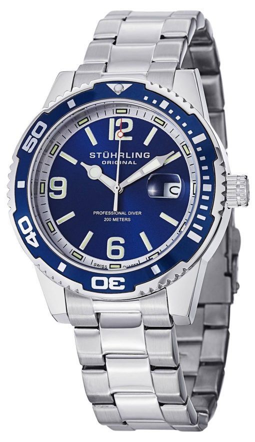 Stührling Original régate Aquadiver 200M Swiss Quartz cadran bleu 415.02 montre homme