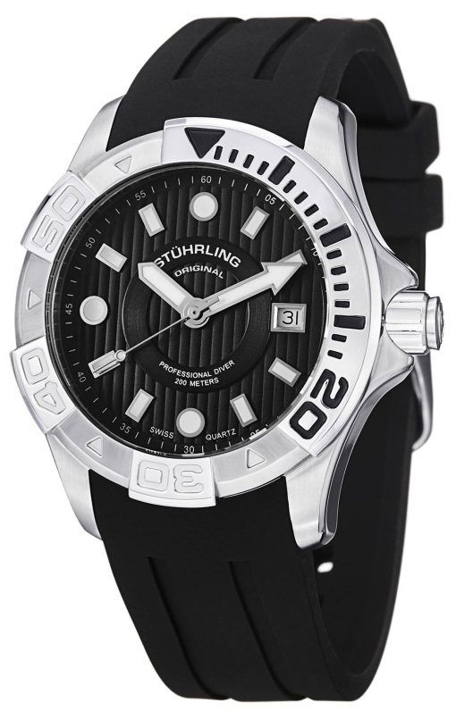 Stührling Original Aqua Diver Manta Ray suisse Quartz cadran noir Montre 718.02 Hommes