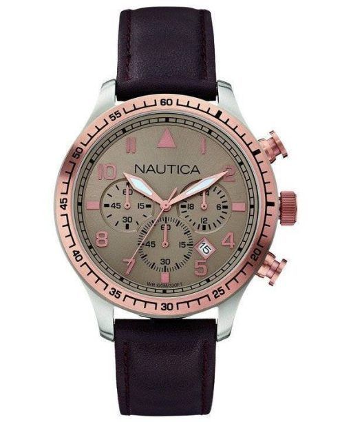 Nautica chronographe cadran gris en cuir marron bracelet A17656G montre homme