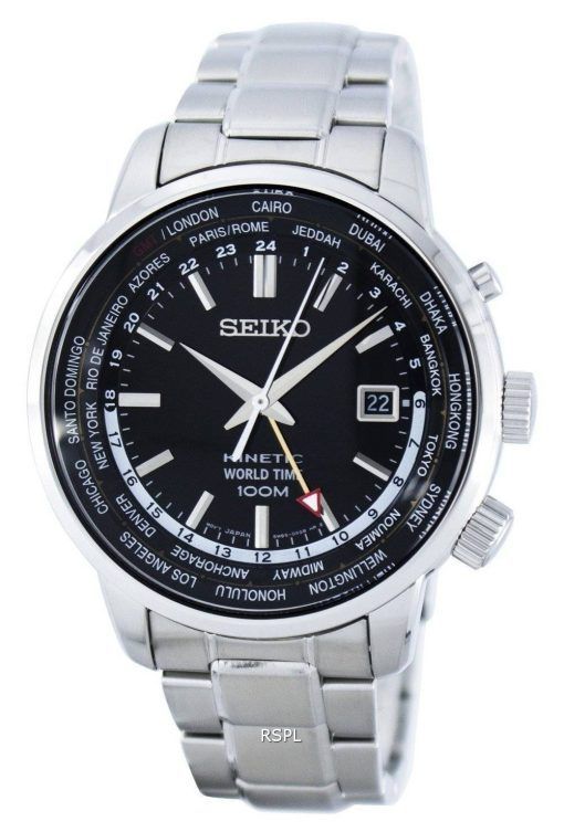 Montre pour homme Seiko Kinetic World Time GMT SUN069 SUN069P1 SUN069P 100M remise à neuf