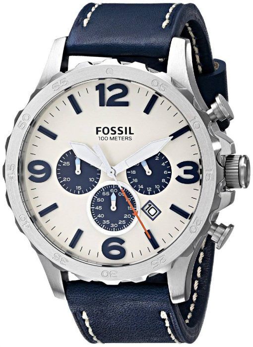 Fossiles Nate Chronographe Quartz bleu marine en cuir JR1480 montre homme