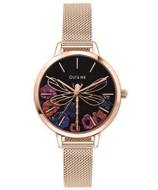 Montre Femme Oui &amp, Me Fleurette Cadran Noir Or Rose Acier Inoxydable Quartz ME010102