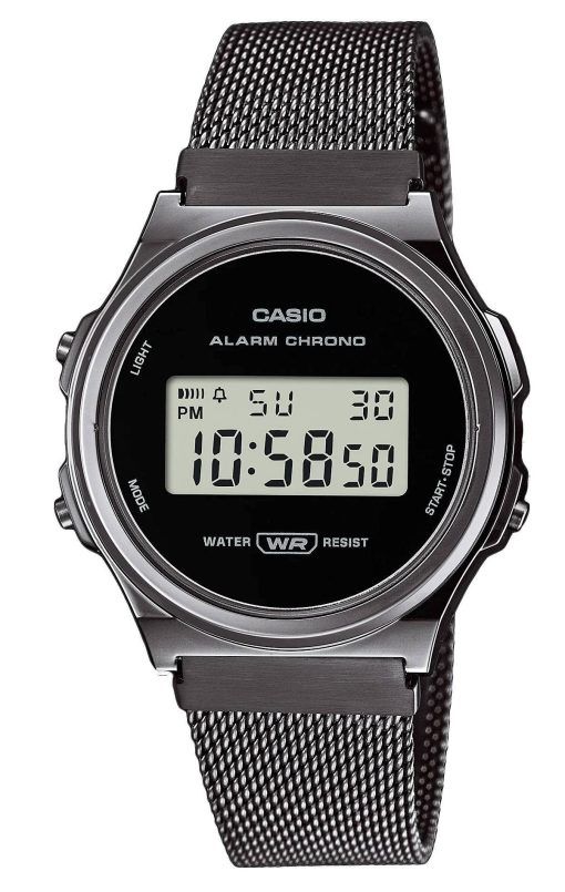 Casio Vintage Digital Acier Inoxydable Maille Cadran Noir Quartz A171WEMB-1A A171WEMB-1 Montre Femme