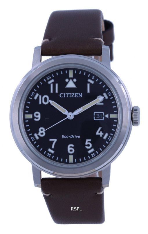 Citizen Military cadran noir bracelet en cuir Eco-Drive AW1620-21E 100M montre pour homme