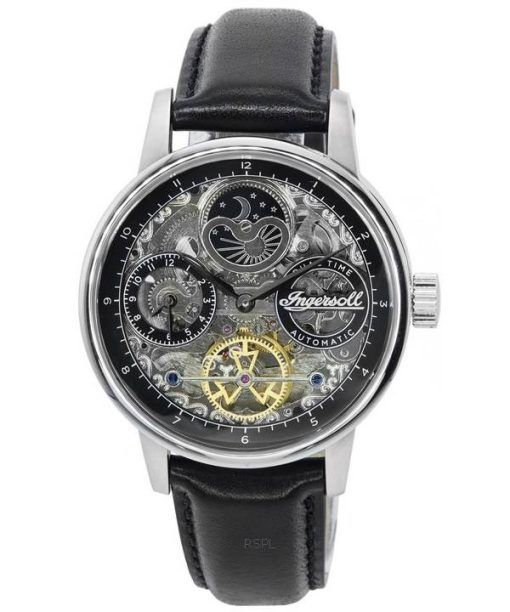 Ingersoll The Jazz Sun and Moon Phase Bracelet en cuir Cadran argenté squelette Automatique I07701 Montre pour homme