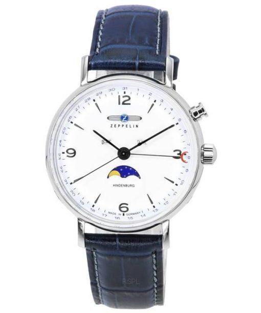 Montre pour homme Zeppelin LZ 129 Hindenburg bracelet en cuir Phase de lune cadran blanc Quartz 80761