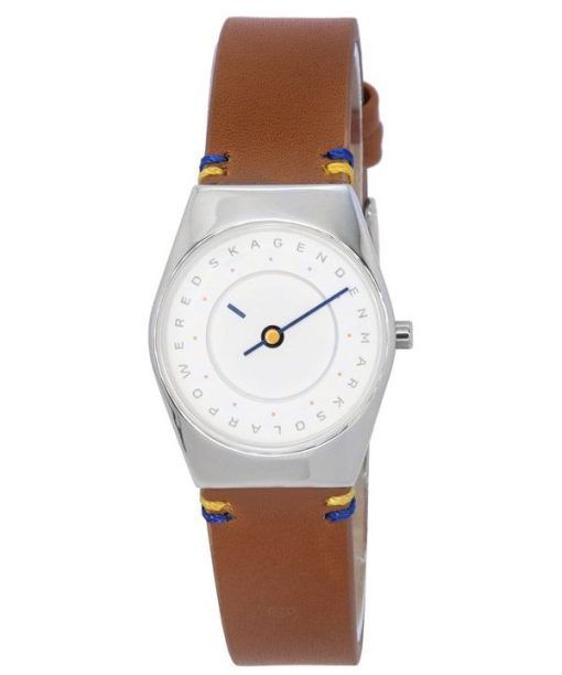 Skagen Grenen Lille Solar Hola Bracelet en cuir marron clair Cadran blanc SKW3086 Montre pour femme