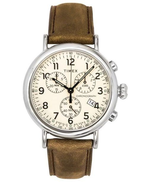 Montre pour homme Timex Standard Chronographe Bracelet en cuir Cadran beige lumineux Quartz TW2V27600