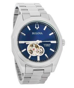 Montre Bulova Classic Surveyor en acier inoxydable avec cadran bleu à cœur ouvert automatique 96A275 pour homme