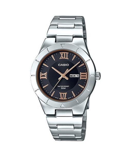 Montre Casio Enticer analogique en acier inoxydable avec cadran noir et quartz LTP-1410D-1A pour femme