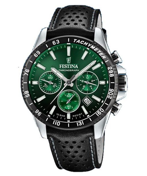 Montre pour homme Festina Timeless Chronographe Bracelet en cuir Cadran vert Quartz F20561-5 100M