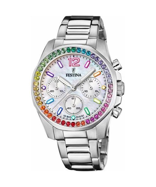 Montre Festina Rainbow Chronographe en acier inoxydable avec accents de cristal et cadran argenté à quartz F20606-2 100M pour fe