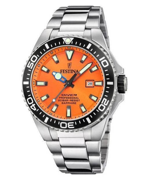 Montre pour homme Festina Diver en acier inoxydable avec cadran orange et quartz F20663-4 200M