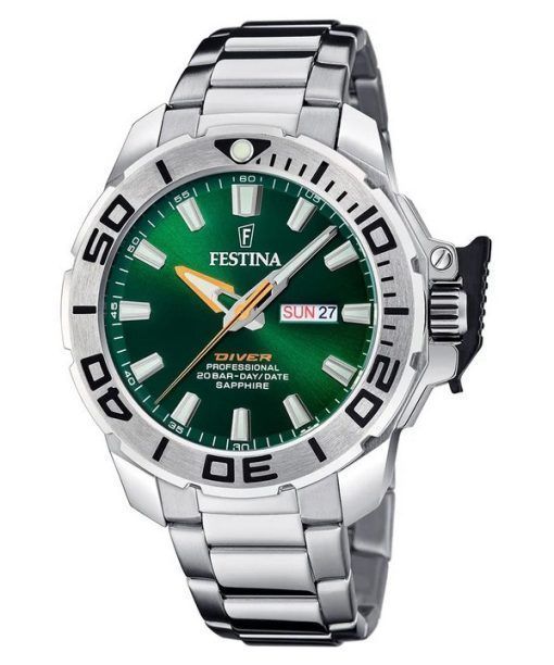 Montre pour homme Festina Diver en acier inoxydable avec cadran vert et quartz F20665-2 200M avec bracelet supplémentaire