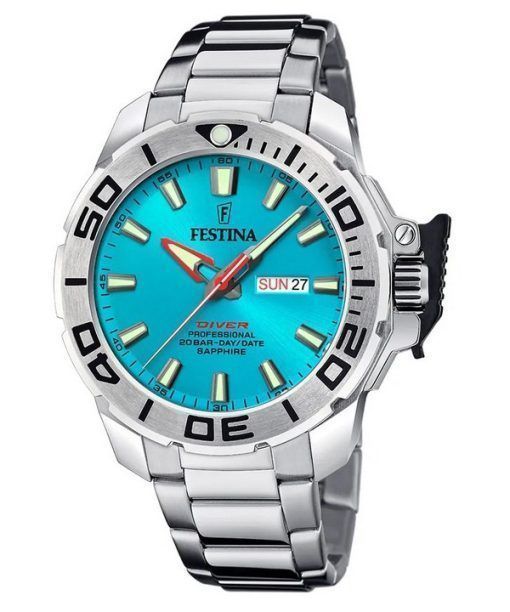 Montre pour homme Festina Diver en acier inoxydable avec cadran turquoise et quartz F20665-6 200M avec bracelet supplémentaire