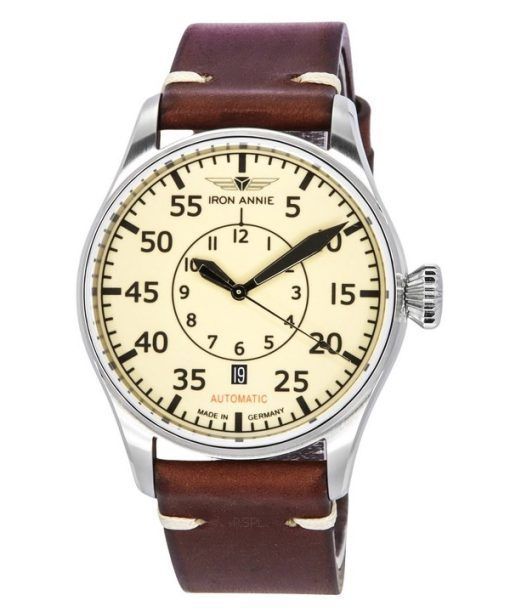 Montre pour homme Iron Annie Flight Control Cockpit avec bracelet en cuir et cadran beige automatique 51565