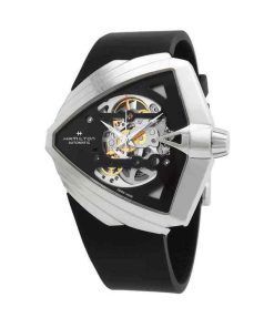 Montre Hamilton Ventura XXL avec bracelet en caoutchouc et cadran squelette noir automatique H24625330 pour homme