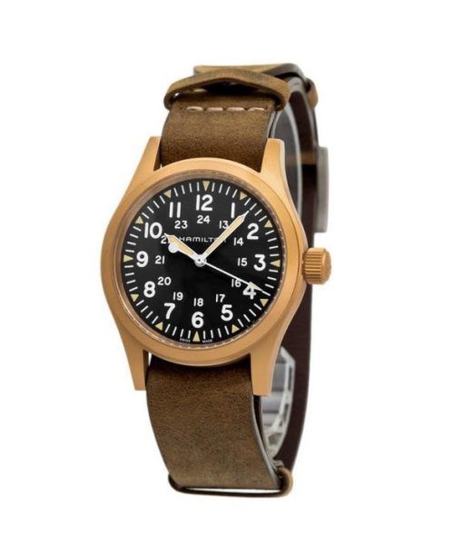 Montre pour homme Hamilton Khaki Field, bracelet en cuir bronze mécanique, cadran noir H69459530