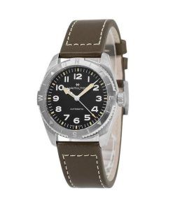 Montre pour homme Hamilton Khaki Field Expedition avec bracelet en cuir et cadran noir automatique H70225830 100M