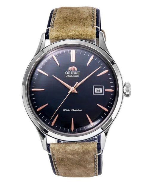 Montre pour homme Orient Bambino version 4 classique avec bracelet en cuir suédé et cadran bleu marine automatique RA-AC0P02L10B