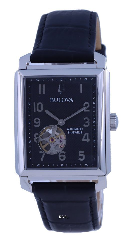 Bulova Sutton Open Heart Cadran noir Bracelet en cuir Automatique 96A269 Montre pour homme