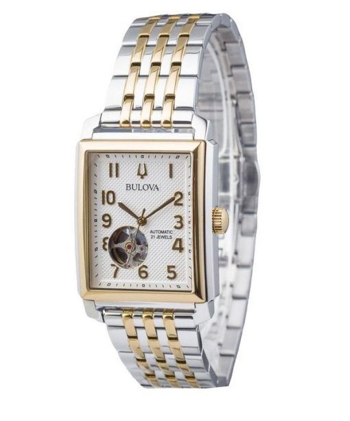 Montre automatique pour homme Bulova Sutton en acier inoxydable bicolore à cœur ouvert et cadran argenté 98A308