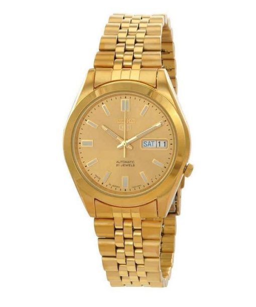 Montre pour homme Seiko 5 tons or en acier inoxydable avec cadran doré automatique 21 bijoux SNKF90J1