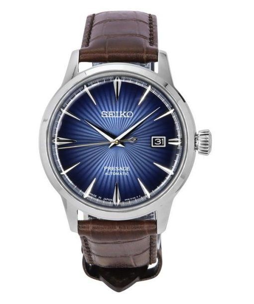 Montre Seiko Presage Cocktail Time avec bracelet en cuir de veau et cadran bleu automatique SRPK15J1 pour homme