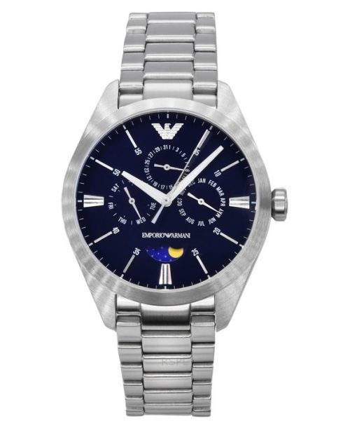 Montre pour homme Emporio Armani Moon Phase en acier inoxydable multifonction avec cadran bleu et quartz AR11553