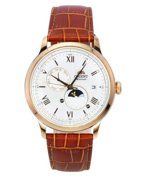 Orient Bambino Version 9 Classique Soleil et Phase de Lune Bracelet en cuir Cadran blanc Automatique RA-AK0801S00C Montre pour h