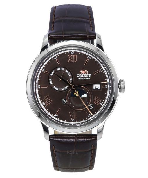 Orient Bambino Version 9 Classique Soleil et Phase de Lune Bracelet en cuir Cadran marron Automatique RA-AK0804Y00C Montre pour