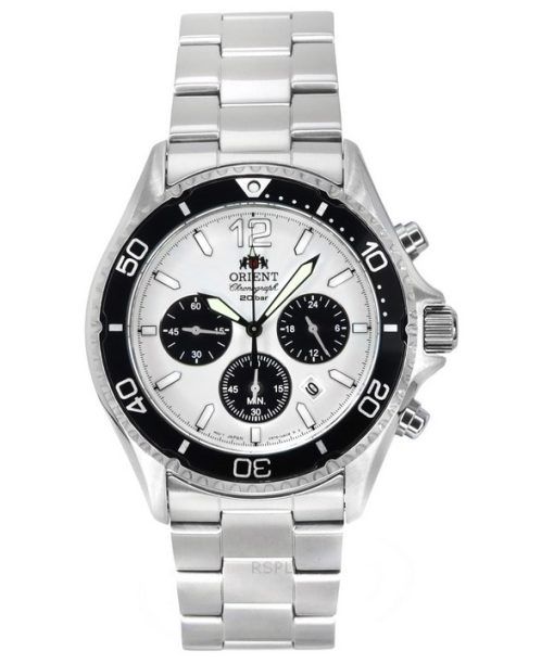 Montre pour homme Orient Sports Panda chronographe en acier inoxydable cadran blanc RA-TX0203S10B 200M de plongée solaire