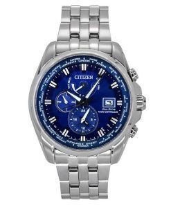 Montre pour homme Citizen Eco-Drive Calendrier perpétuel GMT Chronographe en acier inoxydable Cadran bleu AT9120-89L 200M