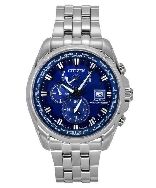 Montre pour homme Citizen Eco-Drive Calendrier perpétuel GMT Chronographe en acier inoxydable Cadran bleu AT9120-89L 200M