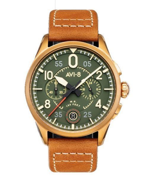 Montre pour homme AVI-8 Spitfire Lock chronographe bracelet en cuir cadran vert bronze AV-4089-02