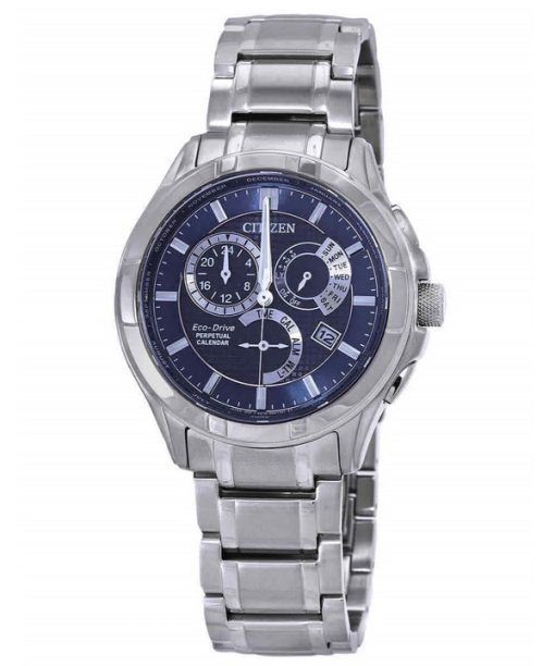 Montre pour homme Citizen Eco-Drive Calendrier perpétuel GMT en acier inoxydable avec cadran bleu BL8160-58L 100M