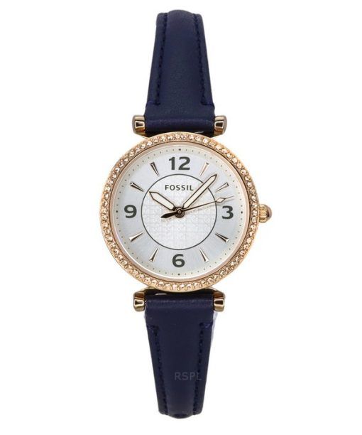 Montre pour femme Fossil Carlie Crystal Accents Cadran argenté Marine LiteHide Cuir Quartz ES5295