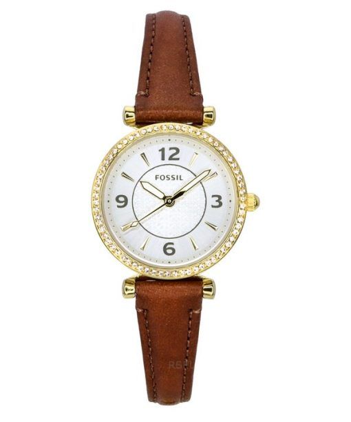 Montre pour femme Fossil Carlie Bracelet en cuir marron Accents de cristal Cadran argenté Quartz ES5297