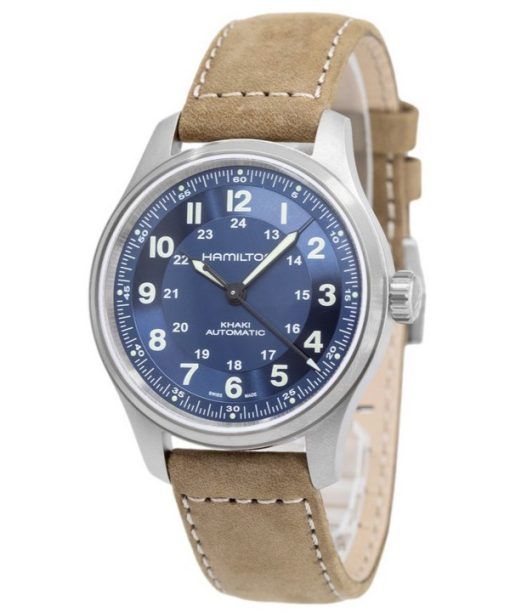 Montre pour homme Hamilton Khaki Field avec bracelet en cuir titane et cadran bleu automatique H70545540 100M