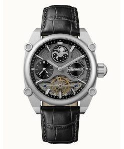 Montre pour homme Ingersoll The Varsity Sun and Moon Phase, bracelet en cuir, cadran gris squelette, automatique I15402