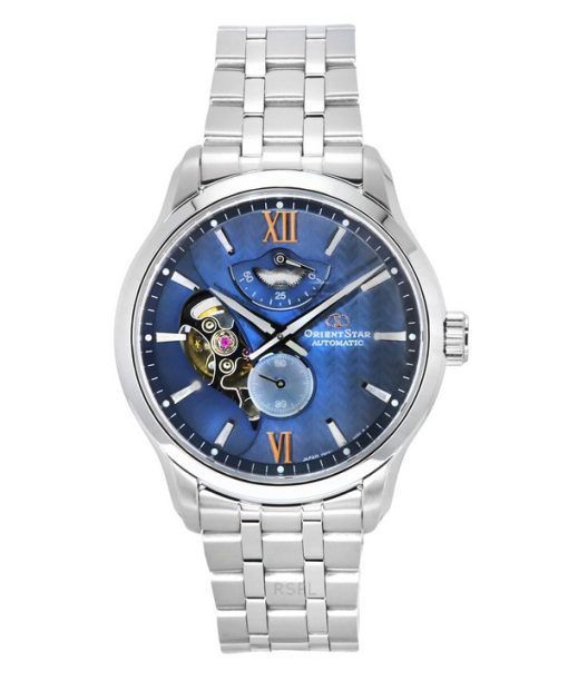 Montre pour homme Orient Star contemporaine en acier inoxydable avec cadran bleu automatique RE-AV0B08L00B 100M