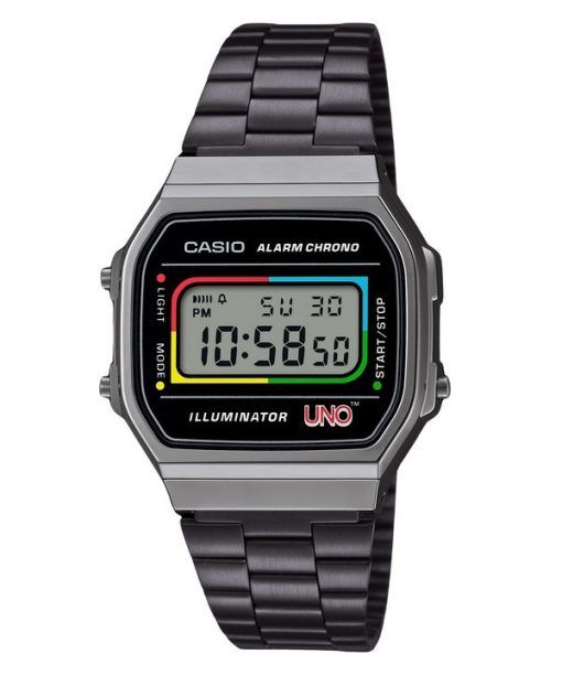 Casio Vintage Digital UNO Collaboration Modèle Bracelet en acier inoxydable Quartz A168WEUC-1A Montre unisexe