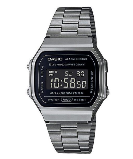 Casio Vintage Digital Bracelet en acier inoxydable Cadran noir Quartz A168WGG-1B Montre unisexe