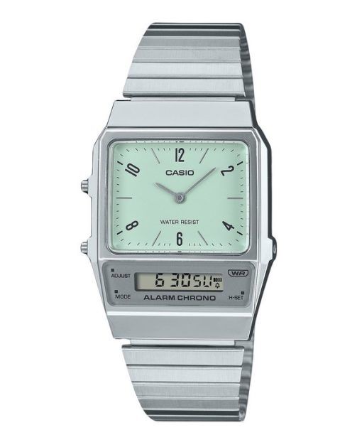 Casio Vintage analogique numérique double heure Bracelet en acier inoxydable cadran vert Quartz AQ-800E-3A montre unisexe