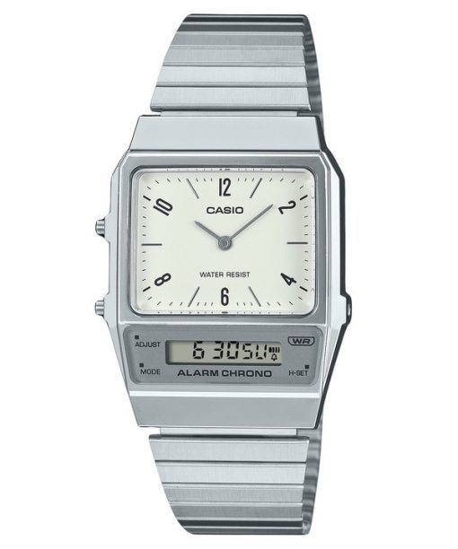 Casio Vintage analogique numérique double heure Bracelet en acier inoxydable cadran blanc Quartz AQ-800E-7A2 montre unisexe