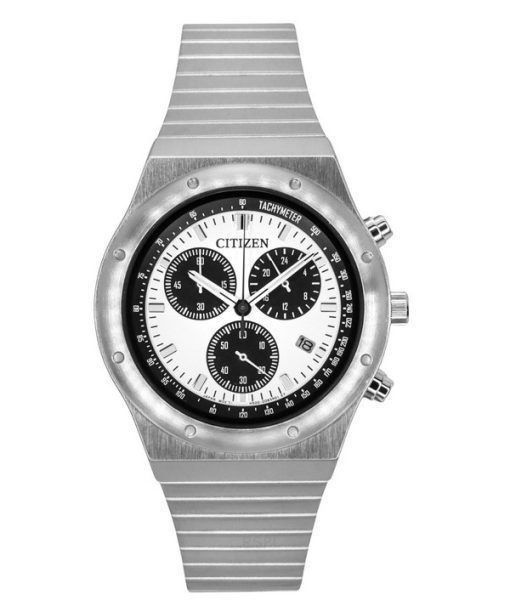 Montre pour homme Citizen Record Label 1984 chronographe en acier inoxydable avec cadran blanc et quartz AT2541-54A