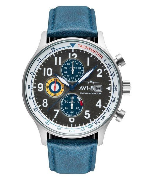 Montre pour homme AVI-8 Hawker Hurricane Classic Chronographe Fanion Bracelet en cuir bleu Cadran gris AV-4011-0F