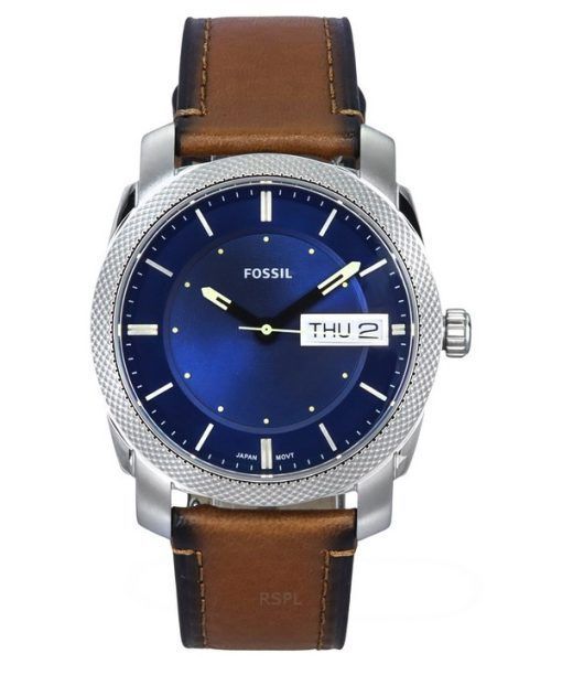 Montre pour homme Fossil Machine avec bracelet en cuir marron et cadran bleu à quartz FS5920