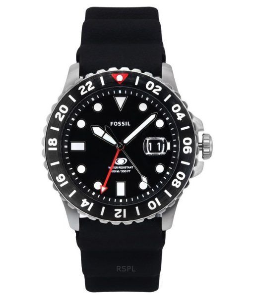 Montre pour homme Fossil Blue GMT avec bracelet en silicone et cadran noir FS6036 100M