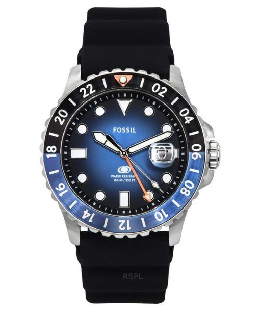 Montre pour homme Fossil Blue GMT, bracelet en silicone, cadran noir et bleu Sunray, Quartz FS6049 100M